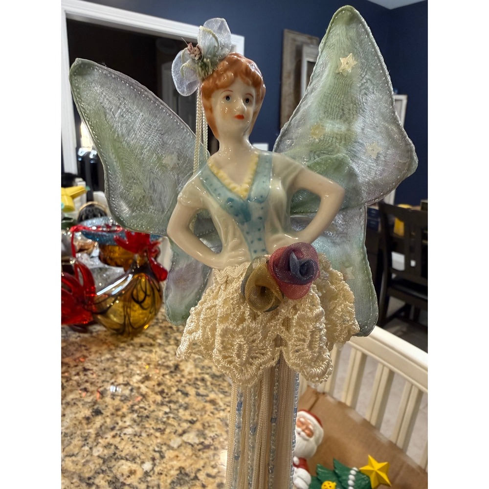 Vintage Style Porcelain Fairy Figurine Tassel Fringe Wings Blue Cream 14.5"